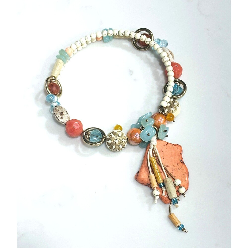 Chunky Boho Beaded Necklace Orange Stone Pendant Tassel Collar Wrap